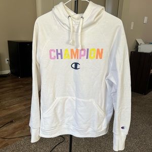 CHAMPION, size large white hoodie with colored lettering, worn decent amount